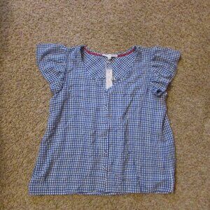 NWT Jane + Delancey XS Blue White Button Front Gingham Top Ruffle Cap Sleeve